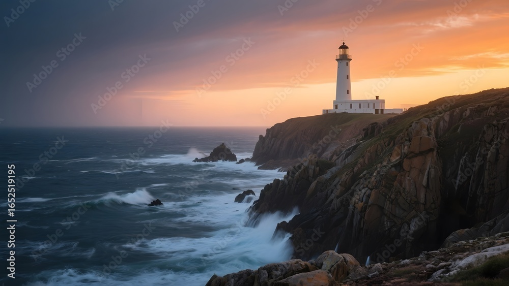Naklejka premium Lighthouse perched on rugged cliffs overlooking a stormy sea at sunset