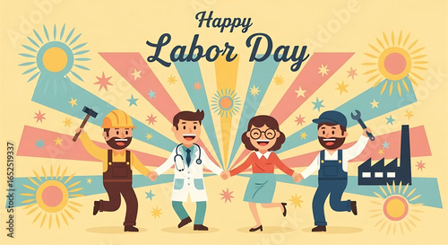 Celebration of labor day recognizing contributions of workers from various professions in a vibrant and colorful design with retro aesthetic conveys unity and appreciation