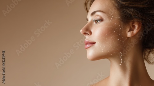 White molecules structure near sensual woman face with lifting lines. Over beige background. Beauty science concept.