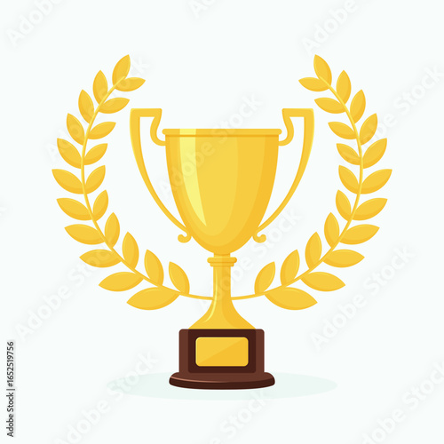 Golden trophy with laurel wreath flat vector design.
