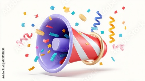 Party popper with explosion confetti. Birthday surprise. Megaphone with holiday news and events.