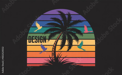 A trendy black t-shirt featuring a bold retro-style graphic with rainbow gradient stripes, palm trees, flying birds, and the word "DESIGN." Perfect for casual wear, summer outfits, and fashion lovers 