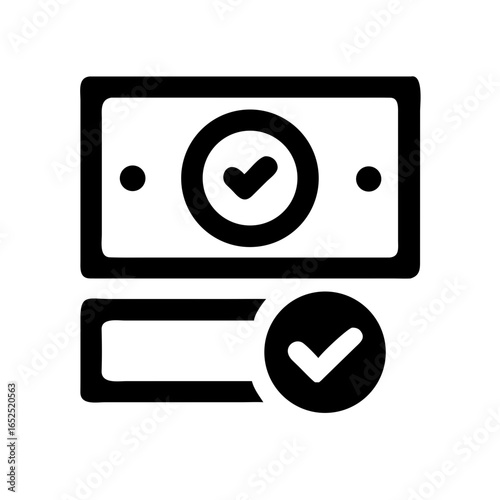 Cash with checkmark vector icon representing successful payment confirmation, verified transaction, approved transfer, money received, finance, settlement, secure checkout illustration