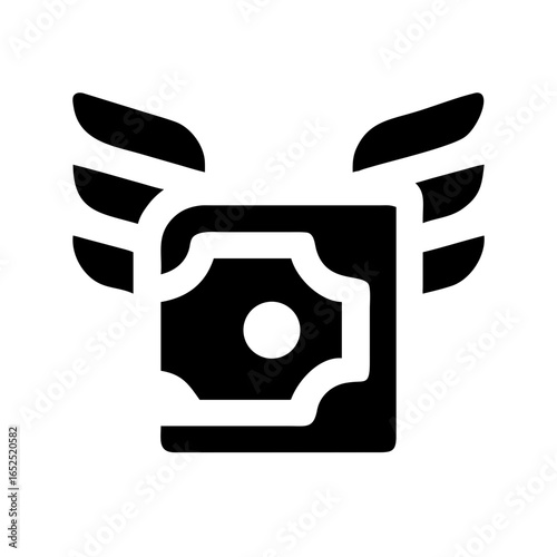 Cash flying with wings vector icon symbolizing expense, lost money, overspending, financial loss, poor budgeting, wasteful spending and disappearing wealth illustration