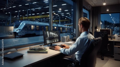 Railway Engineering: A focused railway engineer meticulously examines train design plans on a computer screen.