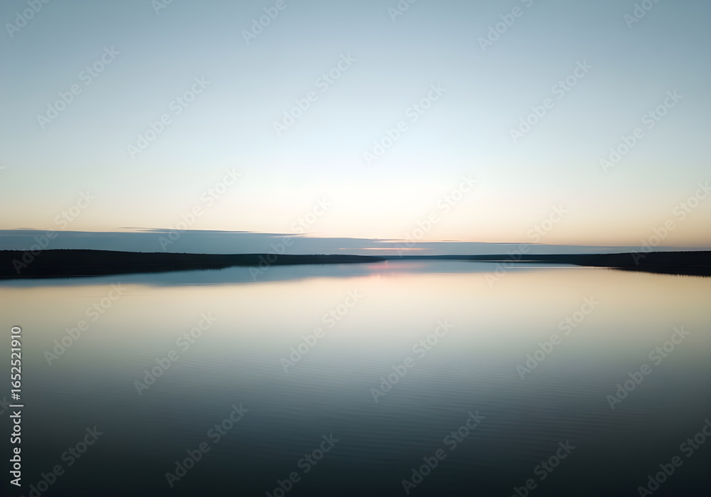 Fototapeta premium Tranquil Twilight Reflection: Calm Lake and Distant Forest Horizon