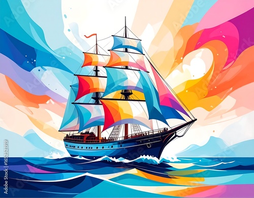 Vibrant stylized tall ship sailing on watercolor waves of sea and sky illustration