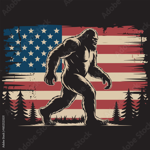 Vintage Bigfoot Silhouette with Distressed American Flag