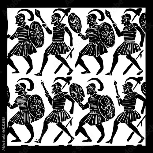 Ancient greek warriors spartan soldiers hoplites with spears and shields in black and white pattern design