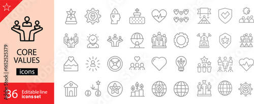 Core Values related icon collections. Containing Integrity, Trust, Respect, Responsibility, Honesty, Loyalty, Commitment, Excellence, Leadership, and Teamwork. Editable Stroke. Outline icons.