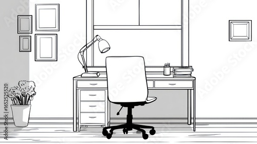 Minimalist line drawing of a home office featuring a desk  chair  lamp  books  framed pictures  and potted plant  set against a window and wood floor