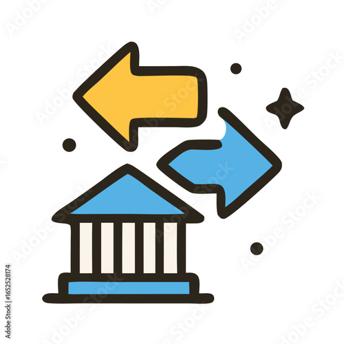 Flat vector icon of a bank building with arrows, symbolizing payment gateway, money transfer, online banking, financial transaction, and digital finance