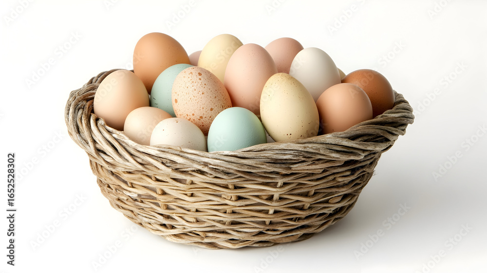 Rustic woven basket filled with assorted pastel eggs for easter decoration Rustic woven basket filled with assorted pastel eggs for easter decoration
