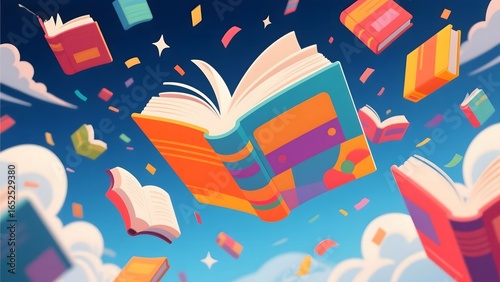 Vibrant illustration of flying books and confetti against a blue sky with clouds