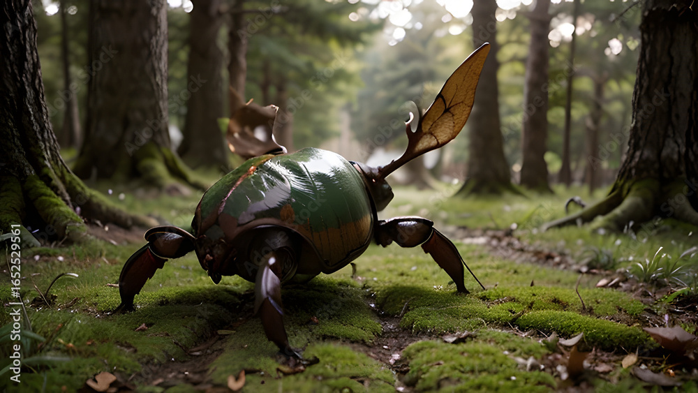 Fototapeta premium Stag beetle on mossy forest floor, close-up of large beetle with mandibles