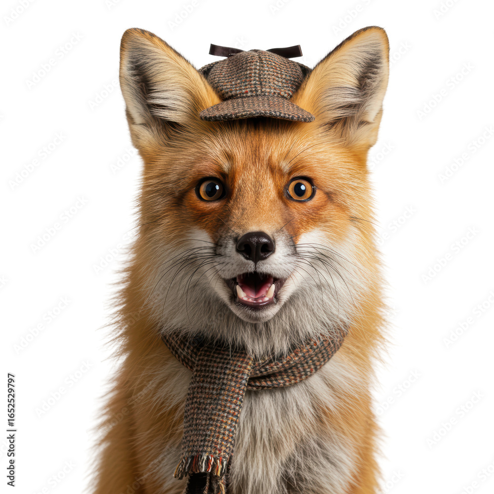 Fototapeta premium A fox in a detective hat and scarf looks surprised, ready for adventure.