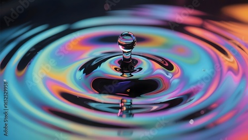 A vibrant water droplet creates colorful ripples on a reflective surface.