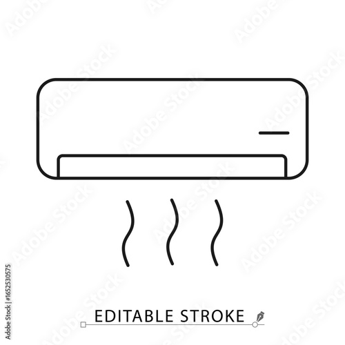 Minimalist air conditioner icon with cool airflow lines. Outline editable stroke vector illustration. Concept of cooling system, climate control, ventilation, comfort, summer and hotel service.