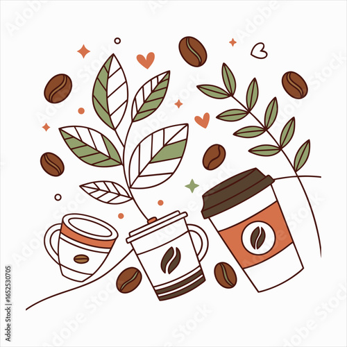 A brown illustration of a hot coffee mug filled with espresso and beans sits on a cafe table, steam rising from the morning beverage.
