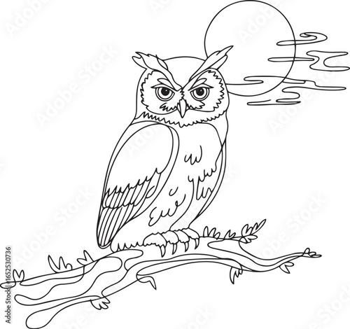 Continuous one line drawing of an owl perched on a branch with the moon behind, minimalist nocturnal bird art in black outline