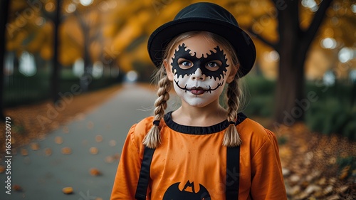Girl in costume and face paint for Halloween.