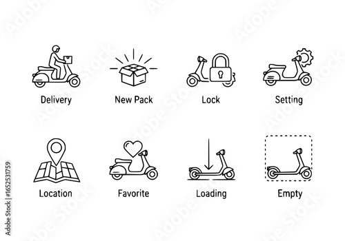 Set of delivery and transport related line icons on transparent background