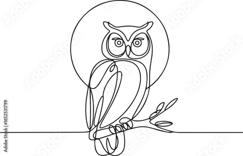 Continuous one line drawing of an owl perched on a branch with the moon behind, minimalist nocturnal bird art in black outline