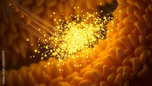Microscopic wheat grains bursting into glowing particles against intestinal villi textures.