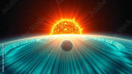 A painterly solar corona explosion with rippling aurora energy cascading toward a small blue planet.