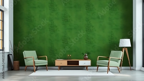 A green textured wall with stylish furniture, creating a calm and modern living space.