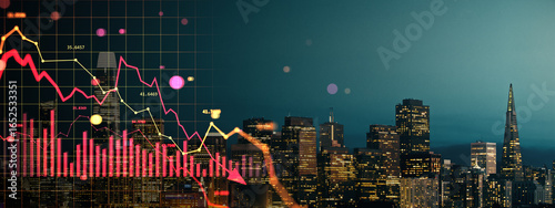 Tableau sur toile Digital financial chart showing red downward trend over San Francisco skyline indicating real estate market crash and economic crisis impact