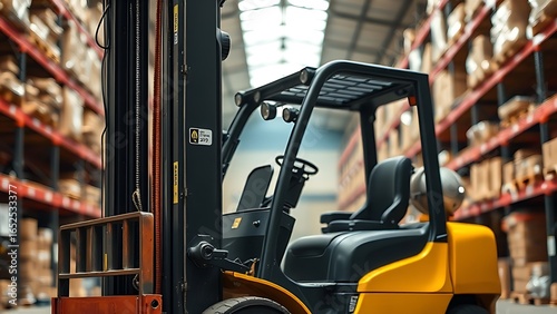 An industrial forklift in a warehouse setting, highlighting efficiency and modern logistics operations.