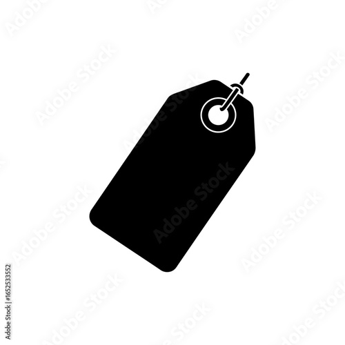A black price tag with rounded corners and a hole for attachment isolated on white background view