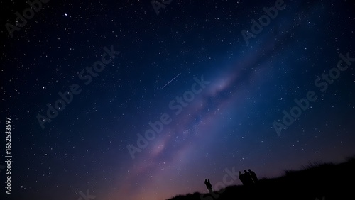 A dreamy night sky where constellations fade into sparkling meteor trails above silhouetted figures.
