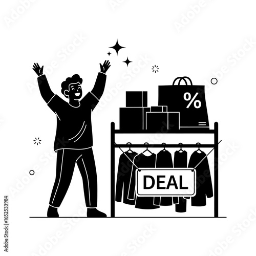 A man excited about a deal with clothes on a rack and boxes and a shopping bag with a percentage sign