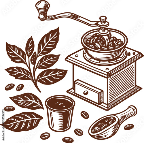 Artisanal Coffee Brewing A vintage coffee grinder, alongside aromatic coffee beans, delicate leaves, a full cup, and a wooden scoop, sets the stage for a delightful coffee experience.