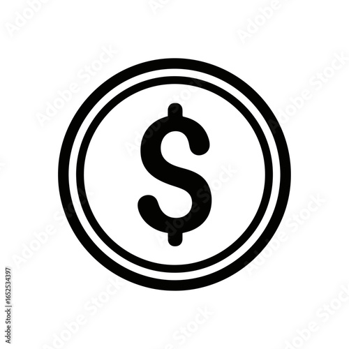 A black and white graphic of a dollar coin with a double border on a white isolated background