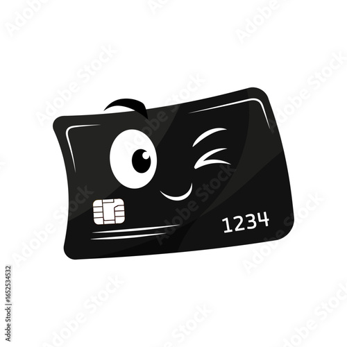 A cartoon credit card with a winking eye and a smile on a white background with the number one two three four