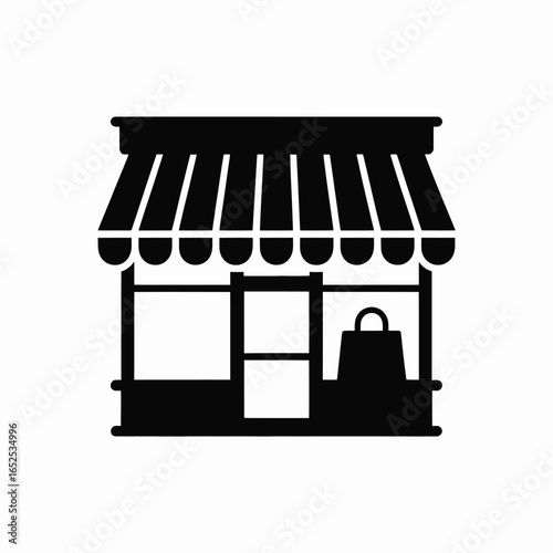 Black silhouette icon of a storefront with awning and display window shop building