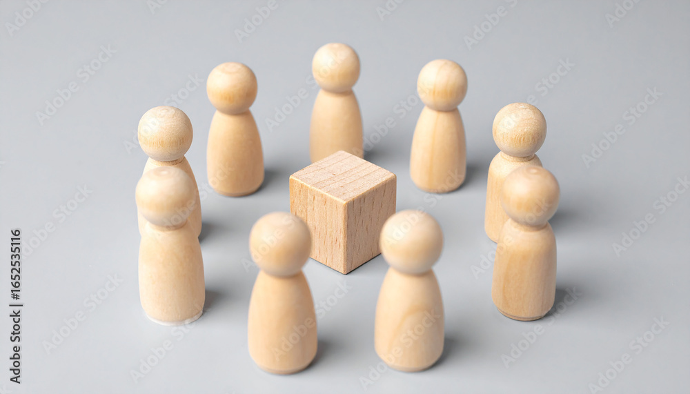 Obraz premium Wooden figurines forming circle around central cube. Team, collaboration. Business, community focus