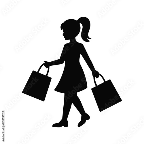 Silhouette of a girl walking with shopping bags on a white background child