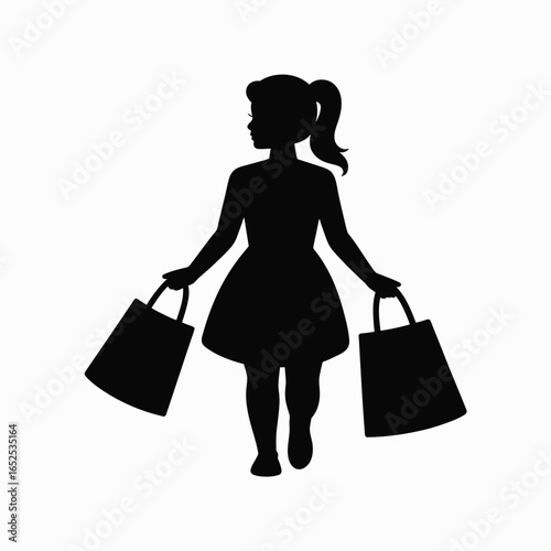 Silhouette of a girl with shopping bags on a white background child walking
