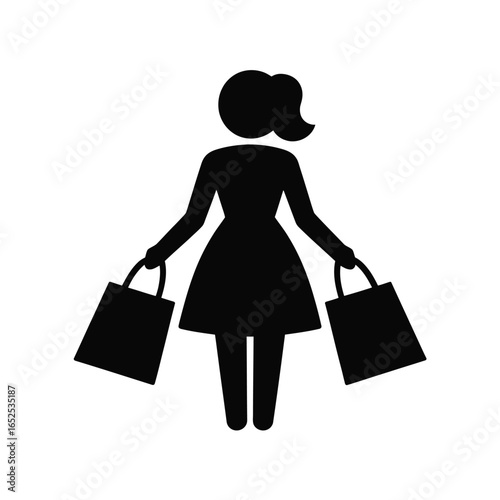 Black silhouette of a woman holding shopping bags on a white background female