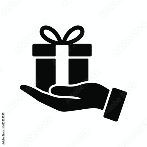 Black icon of a hand holding a gift box with a bow on white present giving