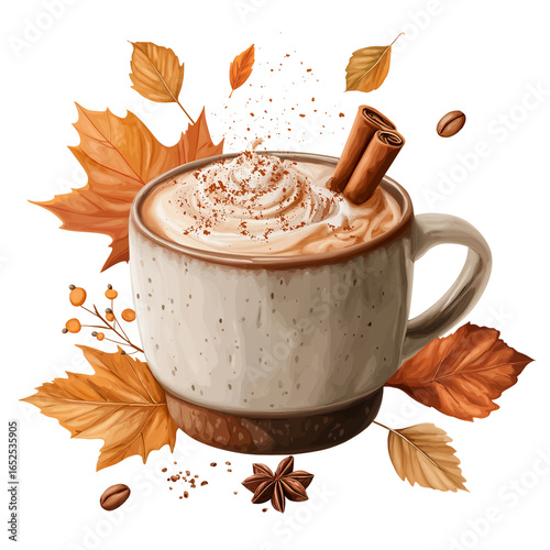 cozy autumn hot drink, cinnamon, pumpkin spice latte, ceramic cup, falling leaves accent.