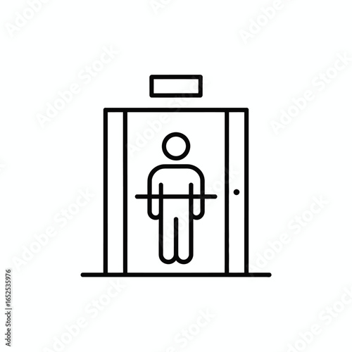 Minimalist line art icon of a person in an elevator with a door lift symbol