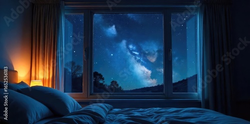 Dark, starlit night sky visible through a bedroom window, ceiling subtly illuminated by moonlight Perfect for relaxation, sleep, or astronomy themes , astral, black