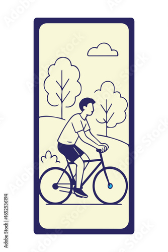 Vector illustration of a man riding a bicycle through an urban environment, designed in purple tones, symbolizing active lifestyle, city commuting, and sustainability.