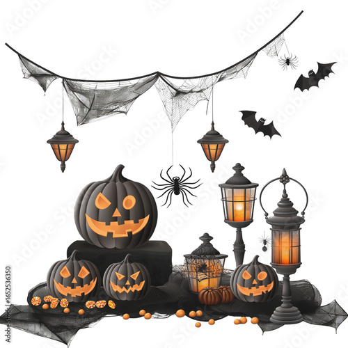 Halloween table decor set, pumpkin lanterns, spider web, candy bowl, gothic style