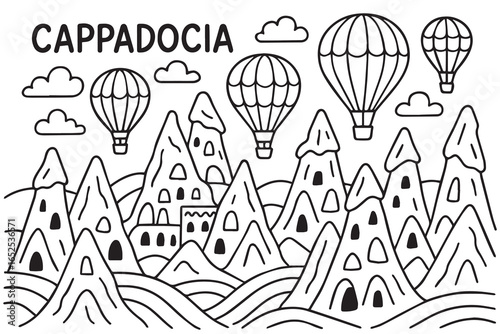 Vector background doodle of Cappadocia landscape in black and white style with bold black outline, featuring hot air balloons, mountains, and cultural elements.